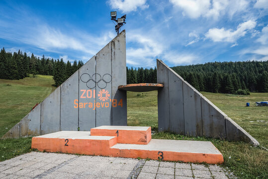 Ilidza, Bosnia - August 24, 2015: Podium next to Abandoned Olympic Jumps on Igman mount in Ilidza built for 1984 Winter Olympic Games