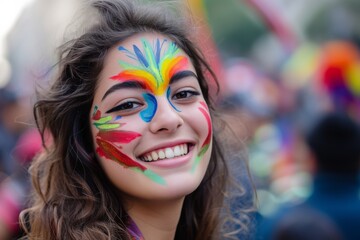 The photograph features a portrait of an individual at a gay pride parade. The person is captured in a celebratory and vibrant atmosphere, surrounded by symbols of LGBTQ+ pride. In the background
