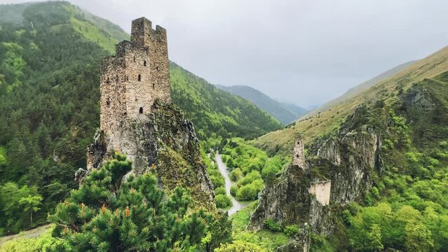 The tower complex of Vovnushki. The Republic of Ingushetia, Russia. View of the Ingush defensive towers inside the North Caucasus. 4K