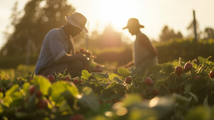 Young black couple strawberry picking in a field. World earth day. Sustainable outdoor hobby. AI generated