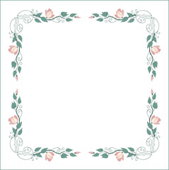 Fototapeta na wymiar Green vegetal ornamental frame with leaves and pink roses flowers, decorative border, corners for greeting cards, banners, business cards, invitations, menus. Isolated vector illustration. 