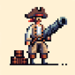 Pixel art illustration of a pirate gunner, vector design on light background