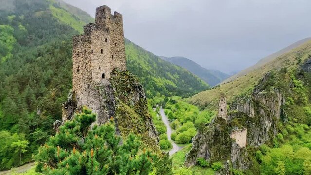 The tower complex of Vovnushki. The Republic of Ingushetia, Russia. View of the Ingush defensive towers inside the North Caucasus. 4K