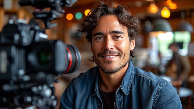 Male influencer or content creator recording a video podcast or YouTube video, generative ai - Powered by Adobe