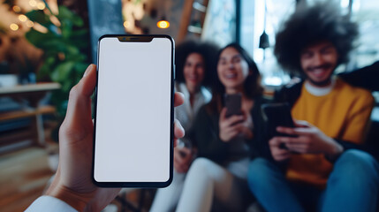 Hand holding showing an isolated smartphone device with blank empty white screen with happiness smiling laughing young people friends, social communication technology concept - obrazy, fototapety, plakaty
