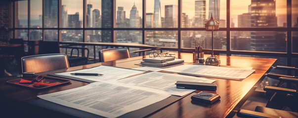 Empty office with big wooden conference table with paper on it.