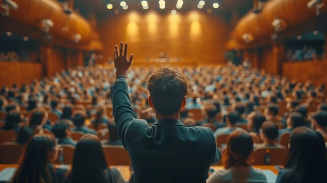 Rear view of Audience in raise hand up response for answer the question in the meeting room or conference hall over asian speaker on the stage,seminar business and education concept, generative ai