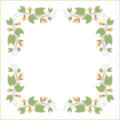 Green vegetal ornamental frame with leaves and orange flowers, decorative border, corners for greeting cards, banners, business cards, invitations, menus. Isolated vector illustration.	