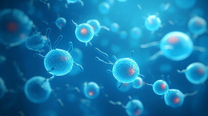 Human cells in a blue background.