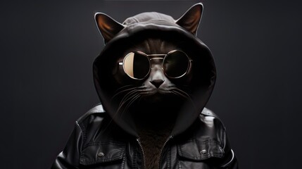 Obraz premium a cat donning sunglasses and a black hoodie while strolling outdoors, showcasing stylish costume design, a blend of light gray and light brown tones.
