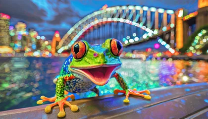 Gordijnen colourful big eye frog with punk hair and cool sun glasses cartoon looking jumping on footpath © Elias Bitar