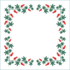 Green vegetal ornamental frame with leaves and red flowers, decorative border, corners for greeting cards, banners, business cards, invitations, menus. Isolated vector illustration.	