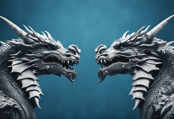 Two Andry Grey Dragon Heads on a Blue Background