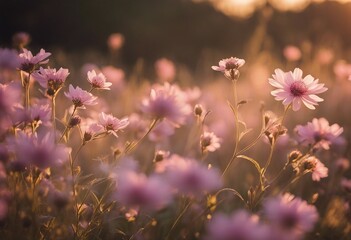 Soft Pink Wildflowers Basking in Golden Sunny Light