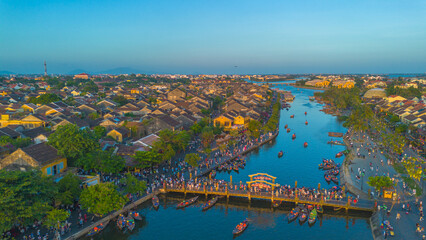 Aerial drone view of Hoi An city, Vietnam. Ancient town, UNESCO world heritage, at Quang Nam...