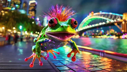 Fototapeten colourful big eye frog with punk hair and cool sun glasses cartoon looking jumping on footpath © Elias Bitar