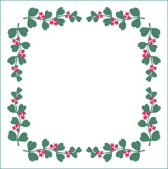 Green vegetal ornamental frame with hoya leaves and red flowers, decorative border, corners for greeting cards, banners, business cards, invitations, menus. Isolated vector illustration.