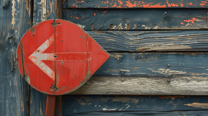 Vintage red sign with arrow on a wooden background, showing direction.