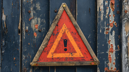 Rusty triangular warning sign on a weathered urban surface.