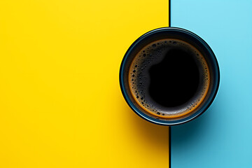 black ceramic cup with black coffee on a bright table