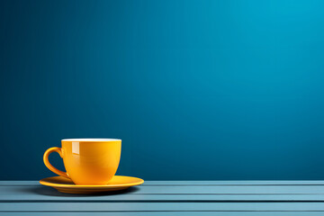 yellow ceramic cup with black coffee on a blue background
