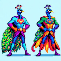 Pixel art illustration of a Super Peacock twins - Super Animal series
