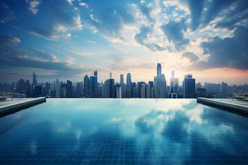 Infinity pool, city skyline at sunset