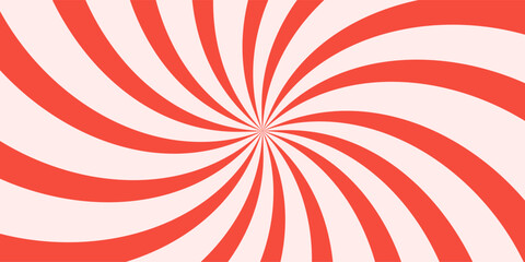 Bold and bright wavy retro sunburst design background in hot red and white colors. Groovy abstract psychedelic spiral shaped background. Tunnel Rays square backdrop. Vector illustration.