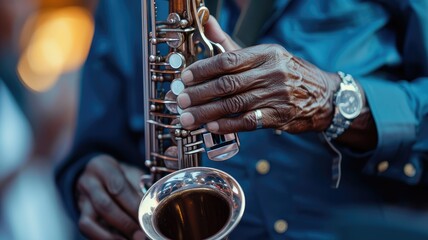 Obraz premium a saxophonist musician playing the saxophone, showcasing the intricate details of the instrument and the intensity of the performance against the backdrop of the fest's atmosphere.