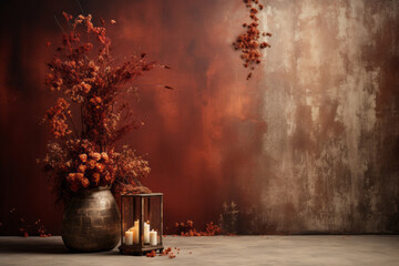 An autumnal still life with dried flowers in a bronze vase and candles in a lantern against a textured red wall, rustic concept