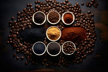 comparative set of types of coffee beans of different varieties. view from above