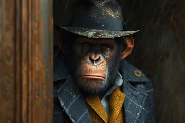 A dapper primate donning a sophisticated ensemble, complete with a hat and coat, exudes a charmingly human-like demeanor with his wrinkled portrait