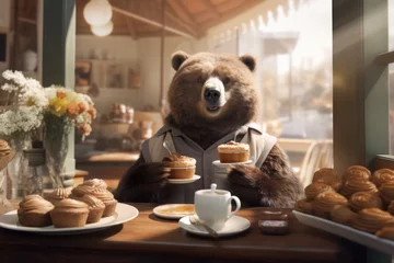 Poster Cute brown bear with good-natured expression on his face serves cakes and coffee to visitors of coffee shop. Friendly fluffy barista © Balica