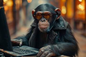 A tech-savvy primate takes center stage, equipped with a laptop and mic, showcasing their multifaceted skills in both the wild and the digital world