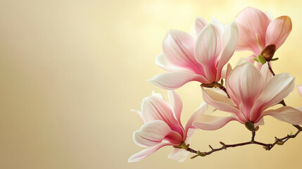 Magnolia branch with blooming pink flowers on soft pastel yellow background with copy space