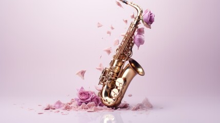 Jazz Day, featuring a saxophone adorned with colorful flowers arranged artfully, captured from a top view perspective, exuding the essence of musical celebration and artistic appreciation