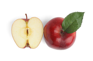 Fresh red apples with leaf on white background