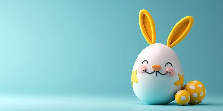 Funny cute painted Easter egg with smile on its face and bunny ears on blue empty background, banner with copy space, symbol of happy Easter