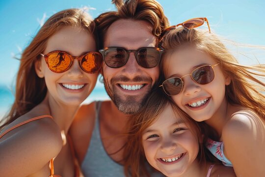 A joyful group of friends capture the perfect summer moment, donning sunglasses and smiles as they pose for a beach photo with the beautiful blue sky as their backdrop