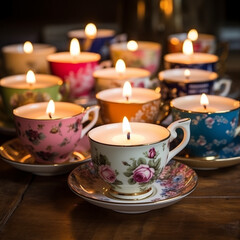 Obraz na płótnie Canvas Collection of Teacup Candles with Warm Glow