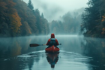 Amidst a serene foggy forest, a lone figure navigates the tranquil waters in a red canoe, finding solace in the beauty of nature and the simplicity of outdoor recreation