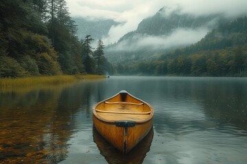 A lone canoe glides through the tranquil mist, its reflection mirroring the serene landscape of...