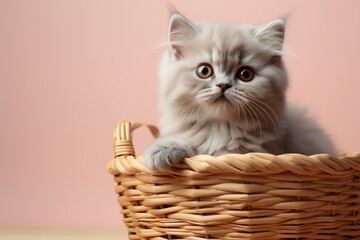 Fototapeta na wymiar cute domestic fluffy gray cat in a basket on a pink background