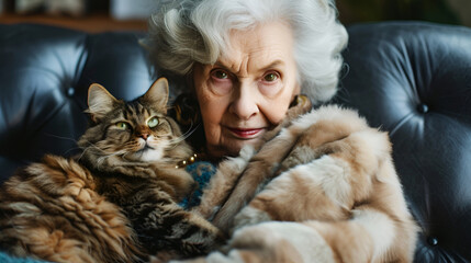 Stylish senior lady in embracing her cherished cat on a leather sofa. Elderly woman and her cat sharing a moment of luxury comfort. Thoughtful senior with her feline companion in a cozy home