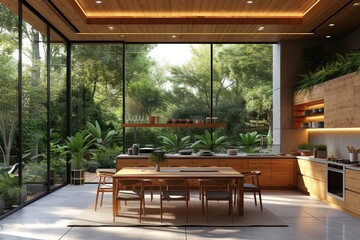 Fototapeta premium Natural light streams through the large windows, casting a warm glow on the wooden dining table and chairs, surrounded by lush houseplants, creating a cozy and inviting atmosphere in this beautifully