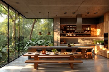 Fototapeta premium A cozy kitchen with a wooden table and chairs, accented by a ceiling plant and natural light streaming in through the window, creating the perfect spot for a cup of coffee and some interior design in