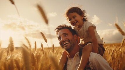 happy cheerful father with child walking by cereal field at sunset, man with daughter or son playing at summer, kid sitting on father shoulder