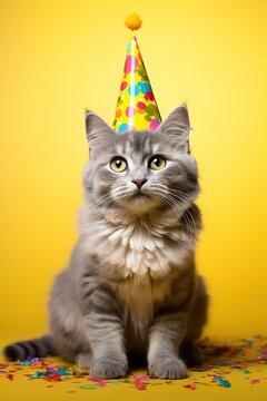 vertical image of adorable fluffy gray cat in a party hat on a bright yellow background. funny animal birthday party of celebration concept