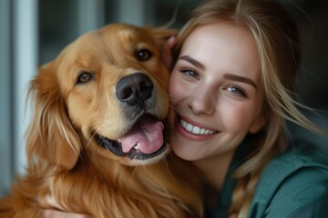 A joyful woman shares a heartwarming moment with her beloved golden retriever, radiating happiness and love in an indoor setting