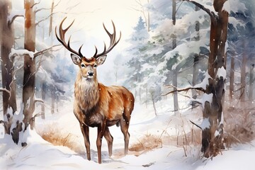 watercolor illustration of a majestic deer in the winter snowy forest
